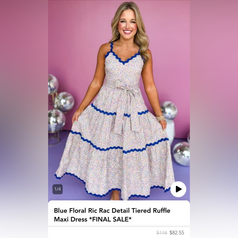 SSYS Blue Floral Ric Rac Detail Tiered Ruffle Maxi Dress